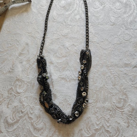 Rhinestones and Chains in Gunmetal Black 17" Necklace - Picture 1 of 4